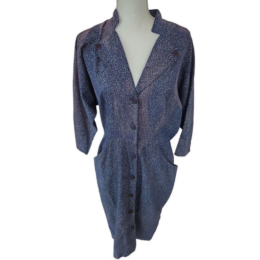 Vintage 80s Wild Shirt Dress Womens Size L Blue Funky Office